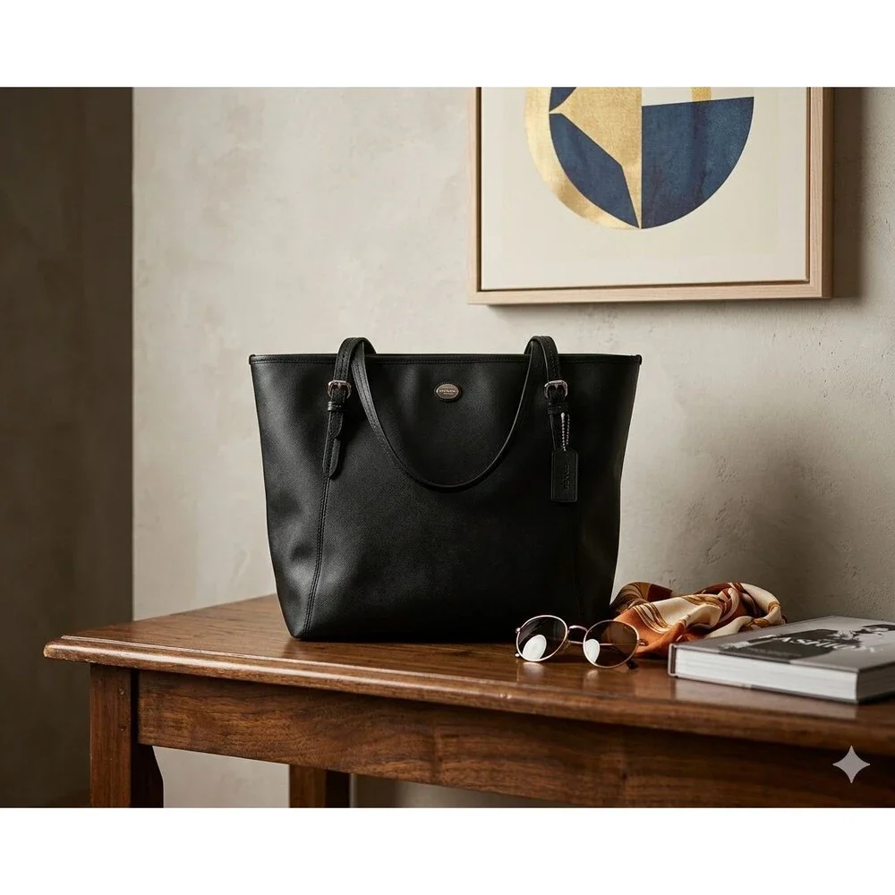 COACH Peyton Leather Zip Top Tote/Bag/Purse,Black/Silver,Classic,Timeless - Picture 3 of 14